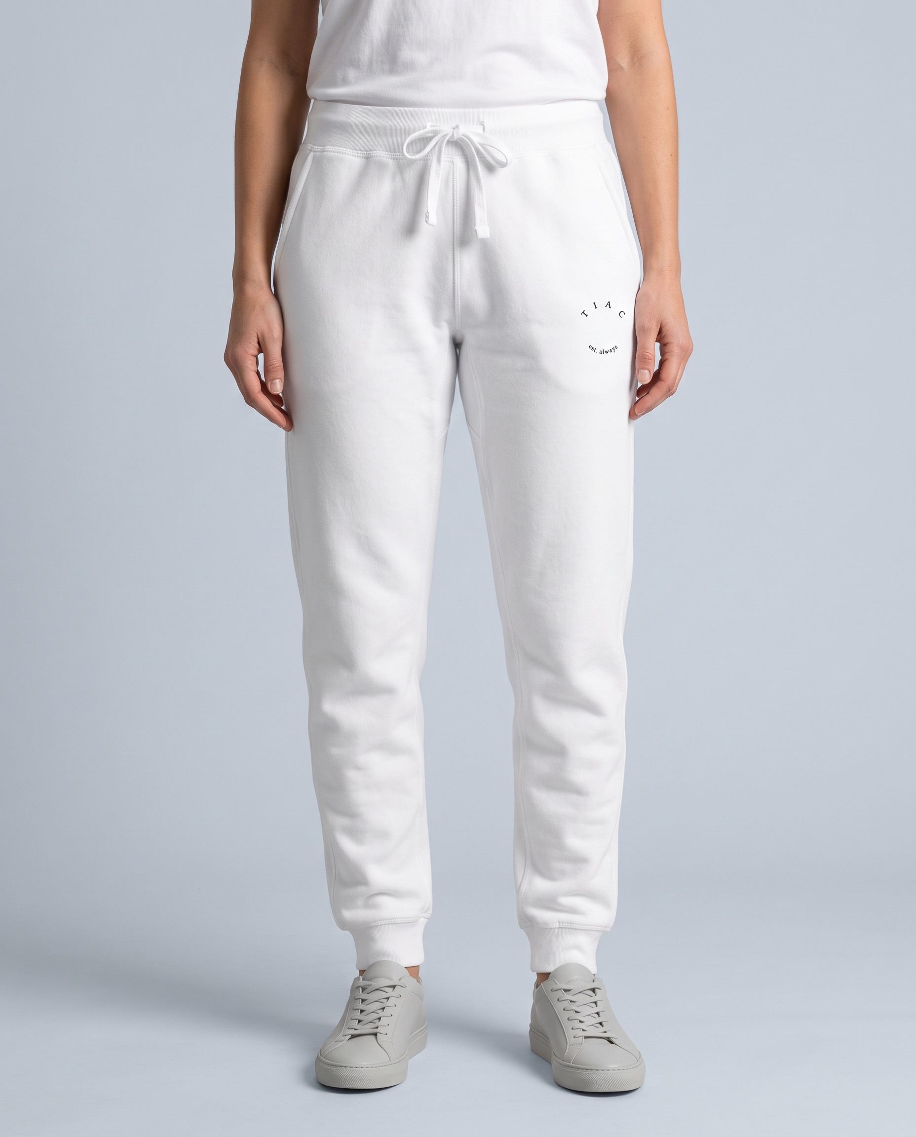 White TIAC Signature Sweatpants — women's worn mockup
